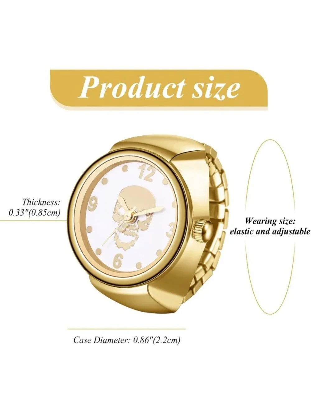 Unisex Gold Analog Quartz Rhinestone Vintage Elastic Skull Finger Ring Watch